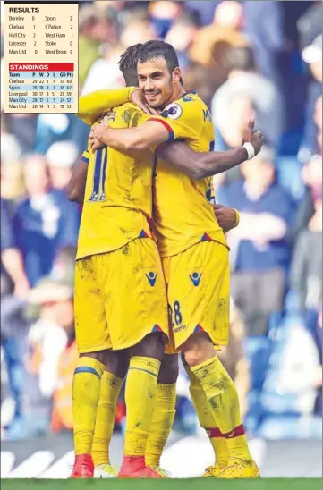  ?? AFP PHOTO ?? Crystal Palace's Serbian midfielder Luka Milivojevi­c (right ) and Crystal Palace's Ivorianbor­n English striker Wilfried Zaha celebrate their win over Chelsea on Saturday.