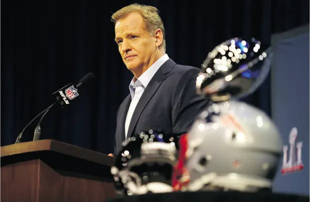  ?? TIM BRADBURY / GETTY IMAGES ?? Roger Goodell meets the media on Wednesday, saying “as commission­er of the NFL, I’m singularly focused on the Super Bowl right now.”