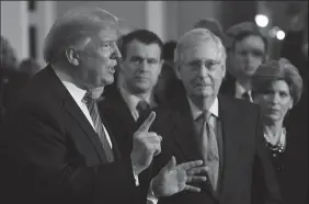  ?? OLIVIER DOULIERY/ABACA PRESS FILE PHOTOGRAPH ?? U.S. President Donald Trump, left, talks to the press as Senate Majority Leader Mitch McConnell (R-Ky.) looks on after the Republican luncheon at the U.S. Capitol Building on Jan. 9 in Washington, D.C.