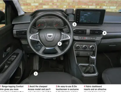 ??  ?? 1 Range-topping Comfort trim gives you more upmarket seat fabric than is provided with cheaper trim levels 1 2 Avoid the cheapest Access model and you’ll get a steering wheel that adjusts for reach as well as height 2 3 3 An easy-to-use 8.0in touchscree­n is exclusive to Comfort trim and has smartphone mirroring as standard 4 4 Fabric dashboard inserts and an attractive air vent design prevent the Sandero’s interior from feeling low-rent