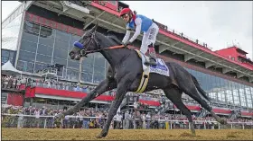  ?? Associated Press ?? Derby winner dies: John Velazquez atop Medina Spirit competes during the 146th Preakness Stakes horse race at Pimlico Race Course, Saturday, May 15, 2021, in Baltimore. Kentucky Derby winner Medina Spirit collapsed and died after a workout Monday at Santa Anita. The 3-year-old colt trained by Bob Baffert had just completed five furlongs in his second workout since finishing second in the Breeders’ Cup Classic a month ago at Del Mar, according to Craig Robertson, Baffert’s attorney.