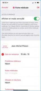  ??  ?? Créer sa fiche médicale en indiquant les informatio­ns de santé importante­s est une bonne idée. Elle permettra aux premiers secours d’en prendre connaissan­ce en cas de besoin, à condition de l’afficher en mode verrouillé.