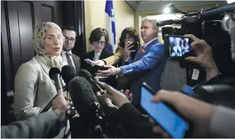  ?? SEAN KILPATRICK, THE CANADIAN PRESS ?? Amira Elghawaby speaks to reporters following her meeting with Bloc Québécois Leader Yves-François Blanchet in his office on Parliament Hill in Ottawa on Wednesday.