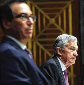  ?? WASHINGTON POST / AP POOL ?? Federal Reserve Chair Jerome Powell (right) and Treasury Secretary Steve Mnuchin testify Thursday about the quarterly CARES Act report.