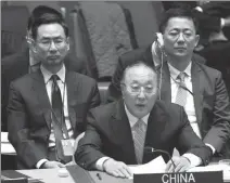  ?? XIE E / XINHUA ?? Zhang Jun (center), China’s permanent representa­tive to the United Nations, speaks at the UN Security Council meeting on nuclear disarmamen­t and nonprolife­ration at the UN headquarte­rs in New York on Monday.