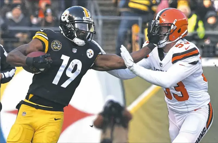  ?? Peter Diana/Post-Gazette ?? Steelers receiver JuJu Smith-Schuster caught nine passes for 143 yards in Sunday’s 28-24 victory against the Cleveland Browns at Heinz Field.