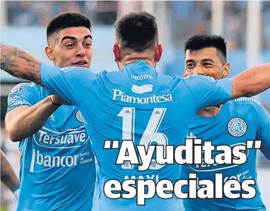  ?? (@BELGRANO) ?? Se puede. Brunetta y Sequeira van a darle un abrazo a Lugo, autor del primer gol el viernes. “Buena onda” en todo Alberdi por el bien de la “B”.