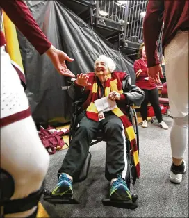  ?? NUCCIO DINUZZO / CHICAGO TRIBUNE ?? Loyola Ramblers team chaplain Sister Jean Dolores Schmidt, 98, is a campus celebrity who dispenses both prayer and scouting insights to the team’s players. She played high school basketball in the 1930s.