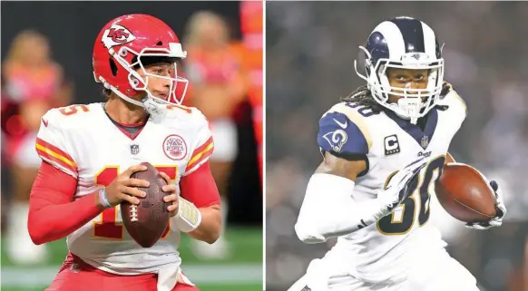  ??  ?? Patrick Mahomes lidera a la sexta mejorpfeni­sva hasta ahora; por los Rams, Todd Gurley corrió hasta ahora para tres touchdowns.