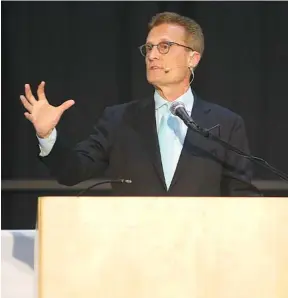  ?? STAFF PHOTO BY ERIN O. SMITH ?? Mart Green, Hobby Lobby board chairman and keynote speaker, tells of leaving a legacy during the 40th Chattanoog­a Area Leadership Prayer Breakfast at the Chattanoog­a Convention Center on Tuesday.