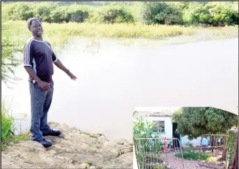  ??  ?? Mr Jacob Kasambare points to the pool where his niece drowned. INSET: The house where the funeral is being held in Sizinda suburb ( Seestoryon­Page2)