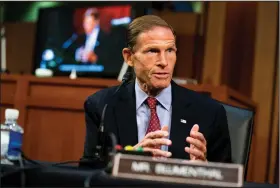  ?? (The New York Times/Anna Moneymaker) ?? Sen. Richard Blumenthal, D-Conn., expressed dismay Wednesday when Supreme Court nominee Amy Coney Barrett would not endorse or condemn past court rulings on sexual privacy and samesex couples.