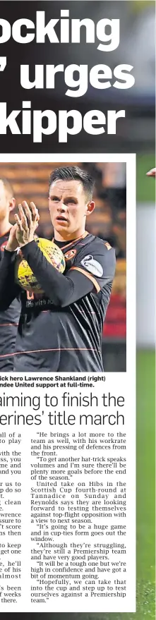  ??  ?? Mark Reynolds and hat-trick hero Lawrence Shankland (right) applaud the travelling Dundee United support at full-time.