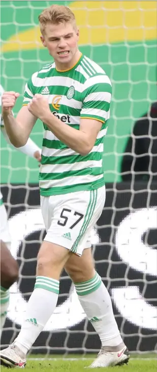  ??  ?? Stephen Welsh celebrates his first senior goal after just 90 seconds on the clock against Motherwell at the weekend