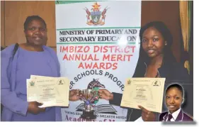  ??  ?? Ms Mthandazo Mhlanga (Literature in English teacher) and Precious Bhiri who scored 15 points at A-level. Inset: Precious in school colours