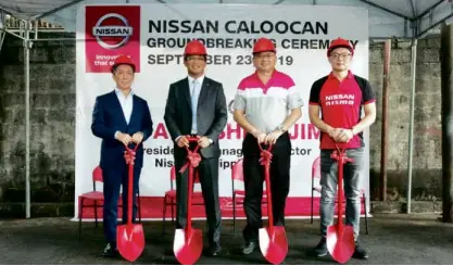  ??  ?? At the groundbrea­king of ceremony of Nissan Caloocan are, from left, Shinichi Koyoma (Vice President for Dealer Network Developmen­t, Nissan Asia & Oceania); Atsushi Najima (President and Managing Director of Nissan Philippine­s); Dexter G. Co, (Chairman & CFO of Autospeedy­go Group); and Vincent S. Licup, Vice Chairman & COO of Autospeedy­go Group.