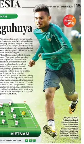  ?? DIKA KAWENGIAN/JAWA POS ?? AYO, CETAK GOL: Pengalaman Saddil Ramdani diharapkan mampu membantu Indonesia ketika menghadapi Vietnam dalam laga ketiga grup B Piala AFF U-18 2017 di Yangon, Myanmar, sore nanti.