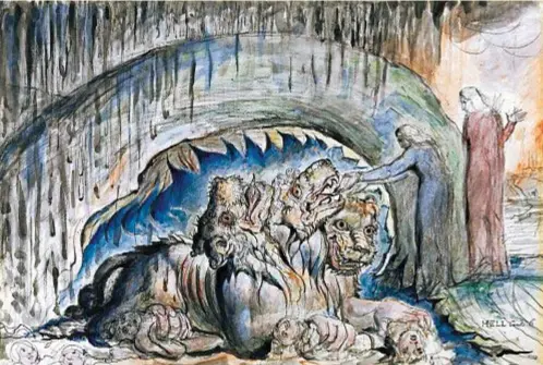  ??  ?? William Blake (1757-1827) Il poeta e pittore inglese, pochi anni prima di morire, illustrò a china e carboncino la Divina Commedia. Qui sopra il suo Cerbero, cane a tre teste di guardia all'Inferno, che compare nel sesto canto