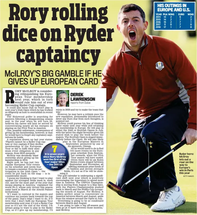  ?? GETTY IMAGES ?? Ryder hero: McIlroy lets out a roar on the way to Europe’s win in Paris this year