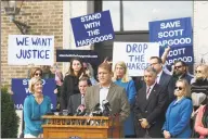  ?? Tyler Sizemore / Hearst Connecticu­t Media ?? Darien man Scott Hapgood speaks at Town Hall in Darien on Oct. 28 as U.S. Sen. Richard Blumenthal, DConn., and the town show support for him in his manslaught­er charge from a family vacation in Anguilla.