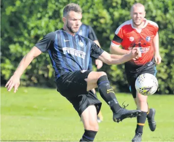  ??  ?? Nathan Calvert, left, was on target for Forsbrook outfit Butchers Arms in their Coors League Division One victory over AFC Black Lion.