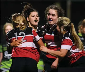  ??  ?? Wicklow players celebrate a try during the Leinster Rugby Girls Under-18s Cup final.