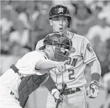  ?? Karen Warren / Houston Chronicle ?? Astros third baseman Alex Bregman isn’t so sure about a fifthinnin­g strike call. He would line out to left in the at-bat.