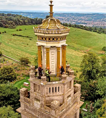  ?? Pic: Ben Birchall ?? An inspection is made of the viewing platform at the top of 47-metre high Beckford Tower