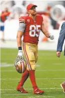  ?? Scott Strazzante / The Chronicle ?? Tight end George Kittle was hit around the midsection Sunday.