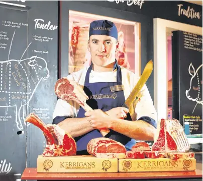  ?? PHOTO: FRANK McGRATH ?? Top cuts: Barry Kerrigan with four different types of steaks at his award-winning Kerrigan’s Craft Butchers in Malahide, Dublin.