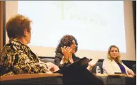  ?? Tatiana Flowers / Hearst Connecticu­t Media ?? Kay Maxwell, Lucy Arecco and Nicole Hockley speak in Greenwich Library’s auditorium Tuesday about gun violence prevention.