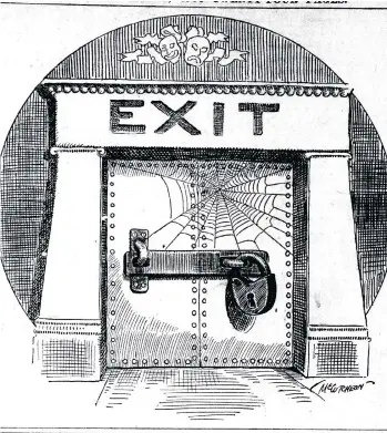  ?? FILES ?? This Jan. 1, 1904 Chicago Tribune cartoon refers to the fact that many of the exits at the Iroquois Theater were locked, which led to people being trapped inside or being crushed to death during a surge toward the exits that didn’t open.