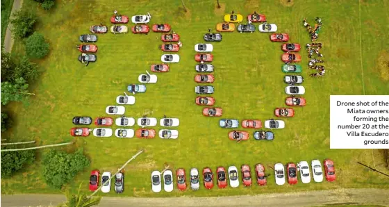  ??  ?? Drone shot of the Miata owners forming the number 20 at the Villa Escudero grounds