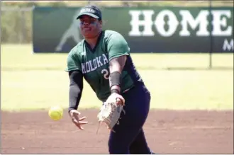  ?? Photo by Rick Schonely ?? Molokai High School’s Piimoku Victorino delivers a pitch in the Farmers’ 23-7 win over Hana on Saturday