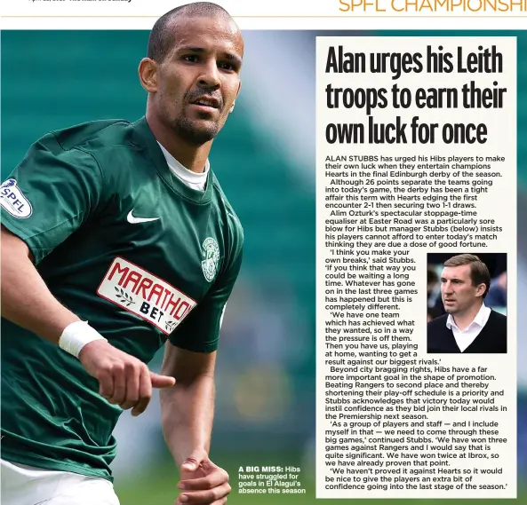  ??  ?? A BIG MISS: Hibs have struggled for goals in El Alagui’s absence this season