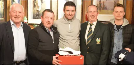  ??  ?? At the presentati­on of the prizes for the Golf Shop sponsored competitio­n at the Ross GC were, from left, Michael J Casey, winner Johnny Brosnan, Donal Considine, sponsor, club captain John Cushkelly, and Renaldas Bendikas.