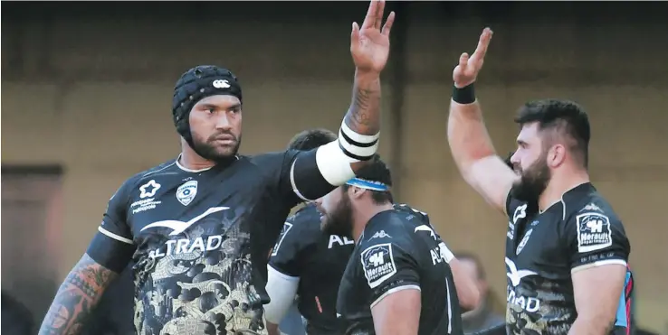  ?? Photo: Zimbio ?? Montpellie­r’s hooker Romain Ruffenach(right) congratula­te Fijian winger Nemani Nadolo (left) celebrate after scoring a try.