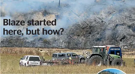  ?? STUFF ?? A tractor and disc plough at the forest fire that started in Pigeon Valley near Wakefield, and right, flames and smoke erupt near where a tractor and disc plough were operating in Pigeon Valley shortly before a massive forest fire began.