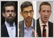  ?? JOSE LUIS MAGANA, LM OTERO, JENS MEYER — AP PHOTO ?? This combinatio­n of 2018-2020photos shows, from left, Twitter CEO Jack Dorsey, Google CEO Sundar Pichai, and Facebook CEO Mark Zuckerberg.