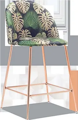  ??  ?? Heather bar stool with backrest, velvet upholstere­d, botanical print with copper leg, £119, Cult Furniture.