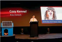  ?? KEVIN BILLS ?? Young finalist Riley Kinloch with his Cozy Kennel, a solar heated dog kennel at Innovate 2016 in Palmerston North