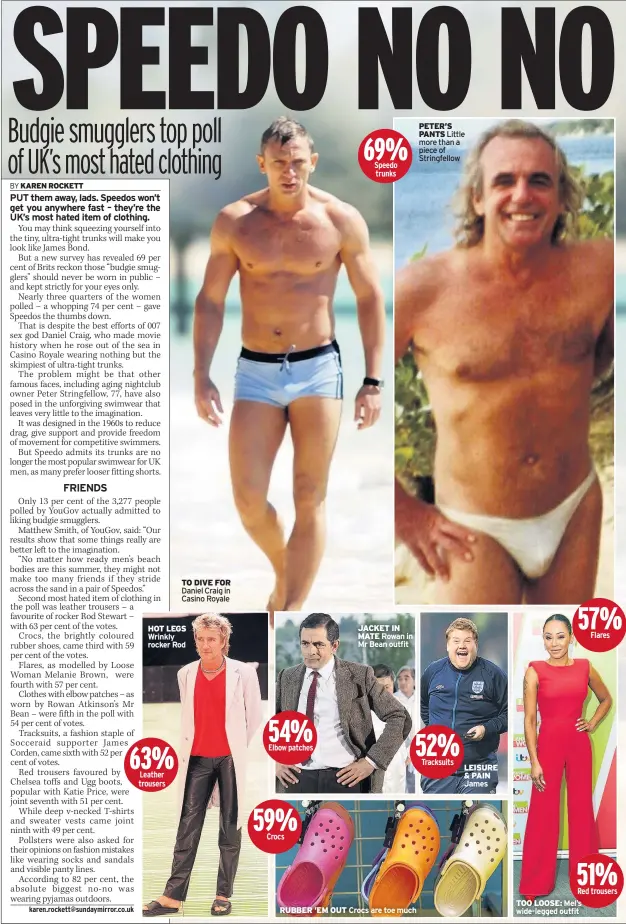  ??  ?? TO DIVE FOR Daniel Craig in Casino Royale
HOT LEGS Wrinkly rocker Rod JACKET IN MATE Rowan in Mr Bean outfit RUBBER ’EM OUT Crocs are toe much PETER’S PANTS Little more than a piece of Stringfell­ow LEISURE & PAIN James Mel’s wide-legged outfit