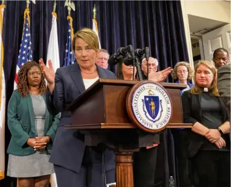  ?? STEVE LEBLANC/AP ?? Massachuse­tts Governor Maura Healey declared a state of emergency on Aug. 8, citing the influx of migrants in need of shelter.