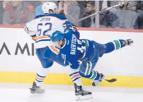  ?? — CP FILES ?? Canucks’ Sven Baertschi, shown on the receiving end of a check by Edmonton Oilers’ Eric Gryba, missed an outstandin­g scoring chance Saturday and hit the crossbar on another.