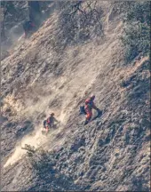  ?? Cory Rubin/The Signal ?? Crews work to reach small flare-ups from the Saddleridg­e Fire near Weldon Canyon in Newhall Monday afternoon.