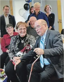  ?? PAT MARCHEN/SPECIAL TO THE EXAMINER ?? Dave Nelson, the last reeve of Otonabee-South Monaghan Township, was presented with the gavel that he used and a Petes shirt with the number 44 at Elmhirst’s Resort during his retirement party Sunday afternoon.