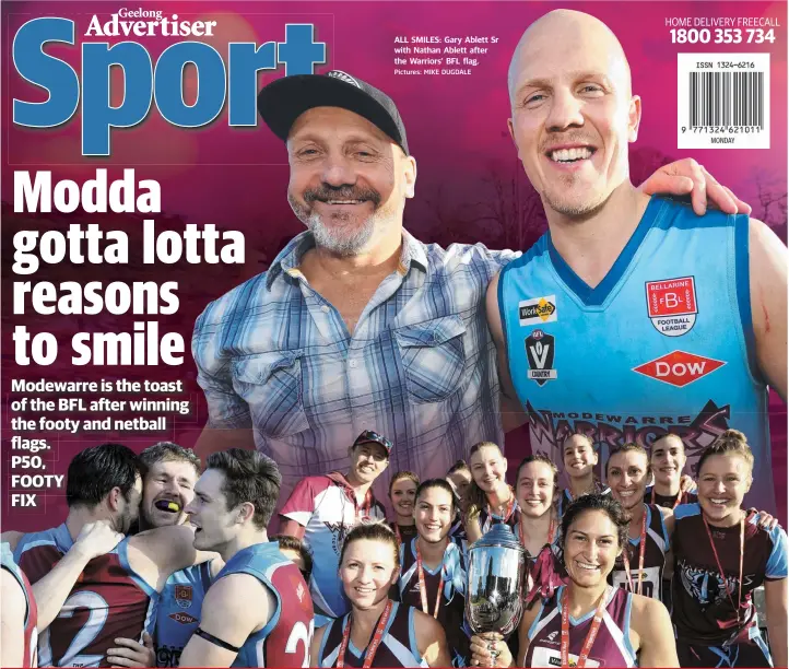  ?? Pictures: MIKE DUGDALE ?? ALL SMILES: Gary Ablett Sr with Nathan Ablett after the Warriors’ BFL flag.