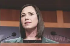  ?? AP PHOTO/MARIAM ZUHAIB ?? SEN. KATIE BRITT, R-ALA.,, SPEAKS DURING A NEWS CONFERENCE on the border on Feb. 15, 2023, on Capitol Hill in Washington. Britt gave the Republican response to President Joe Biden’s State of the Union address on March 7.