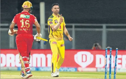  ?? BCCI/IPL ?? Chennai Super Kings pacer Deepak Chahar clean bowls Punjab Kings opener Mayank Agarwal for a duck at the Wankhede Stadium in Mumbai on Friday.