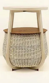  ??  ?? Serving trolley in natural maple, fawn H bullcalf, natural woven wicker and brass